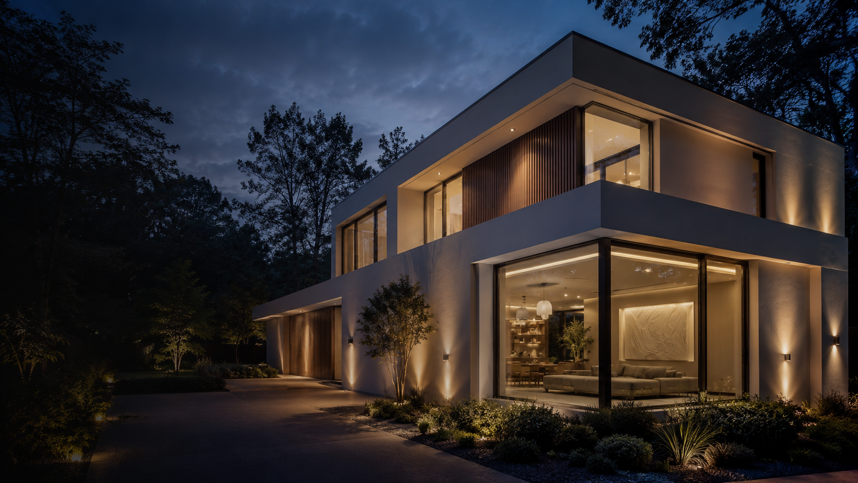 Moderne villa met strak gestuukte gevel in de avondschemering
